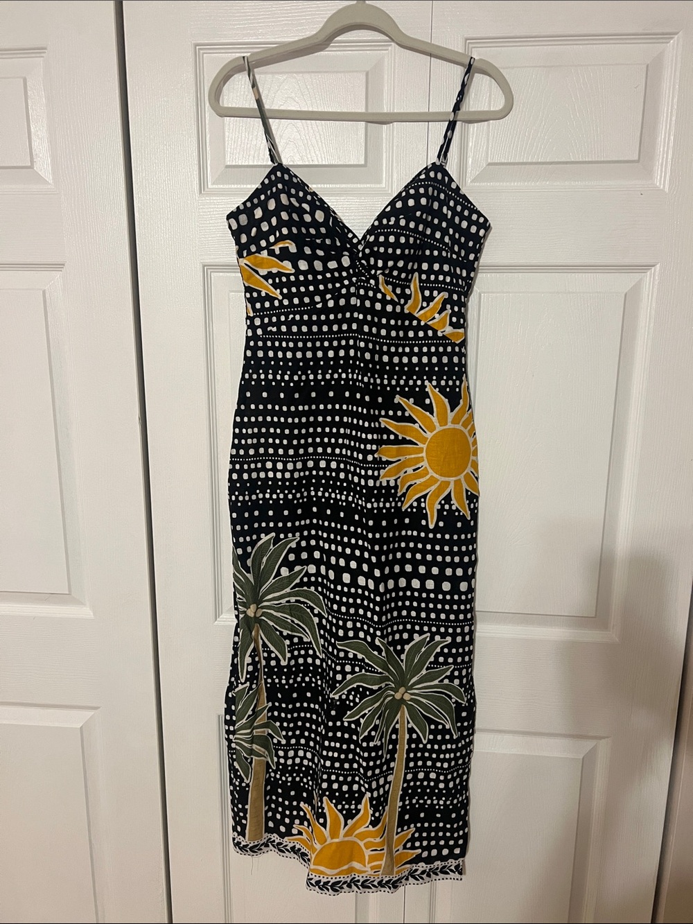 Spaghetti Strap Black Sun & Palm Print Midi Dress